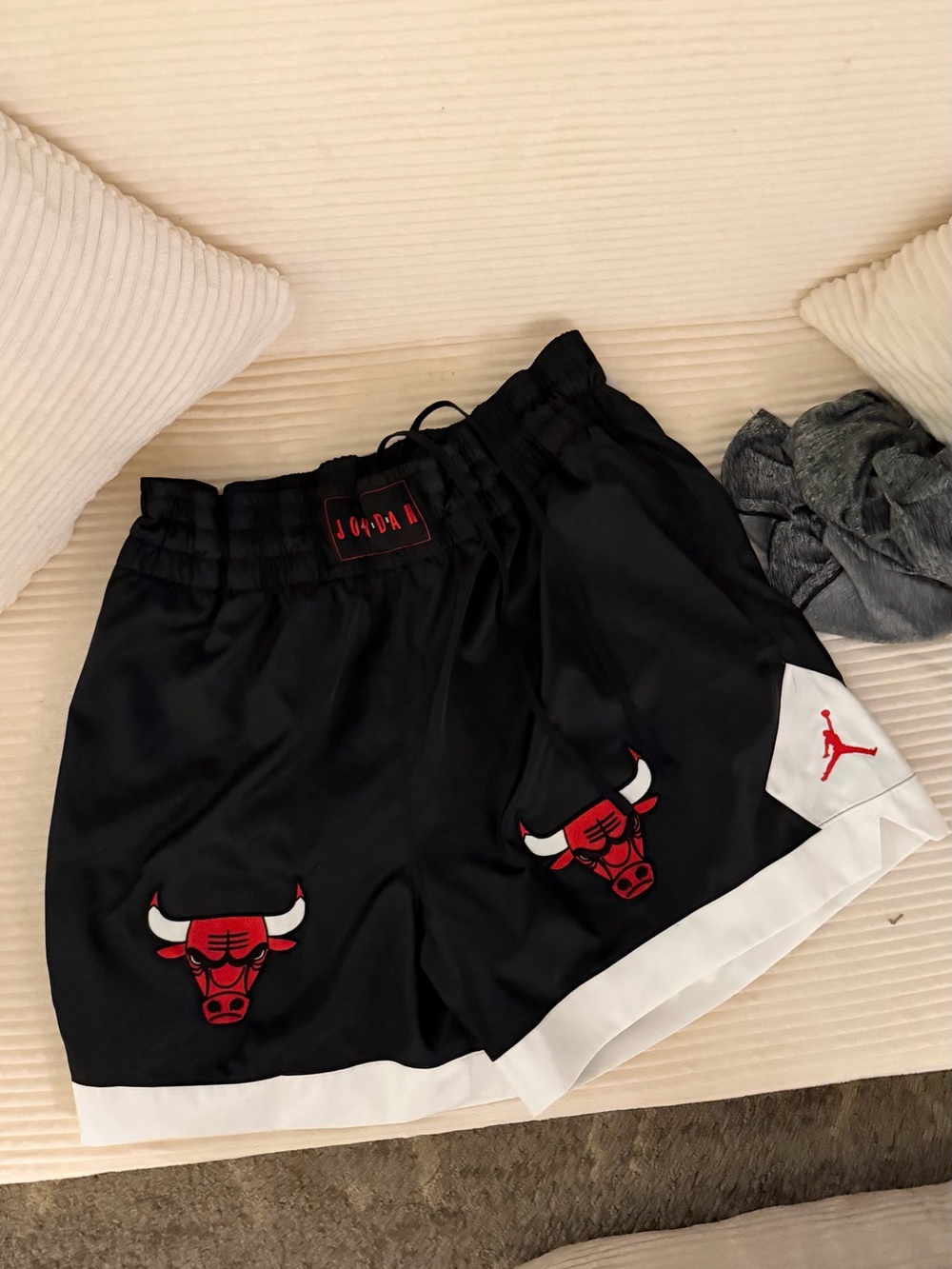 Jordan Black Athletic Shorts with Red Chicago Bull Logos